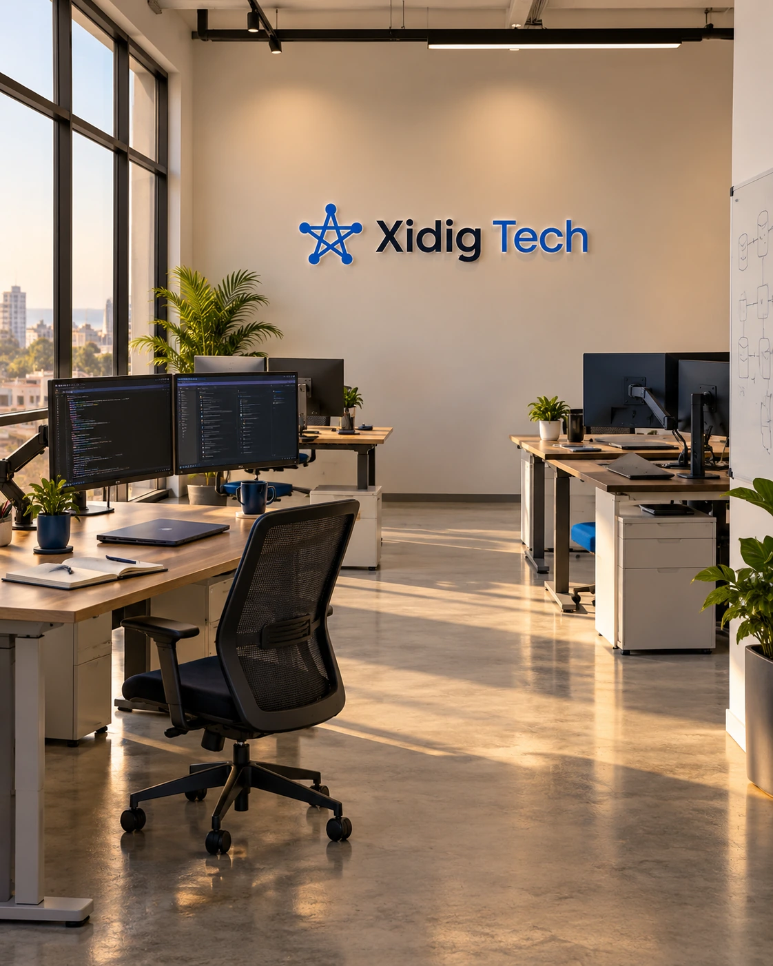 The Xidig Tech office, with the company logo on the back wall